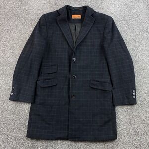 Enzo Tovare Car Coat Men's 42 Blue Gray Plaid Lined Wool Blend Overcoat